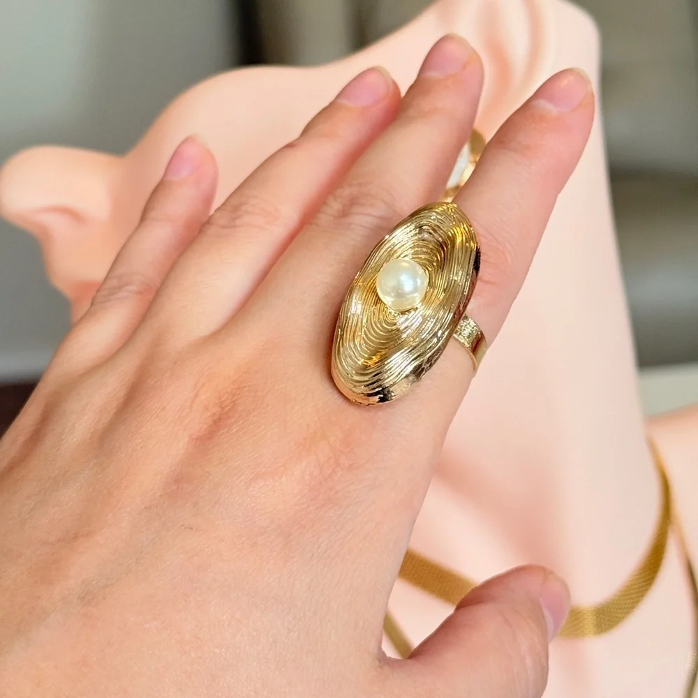 Gold Textured Ring with White Pearl - Women Jewelry